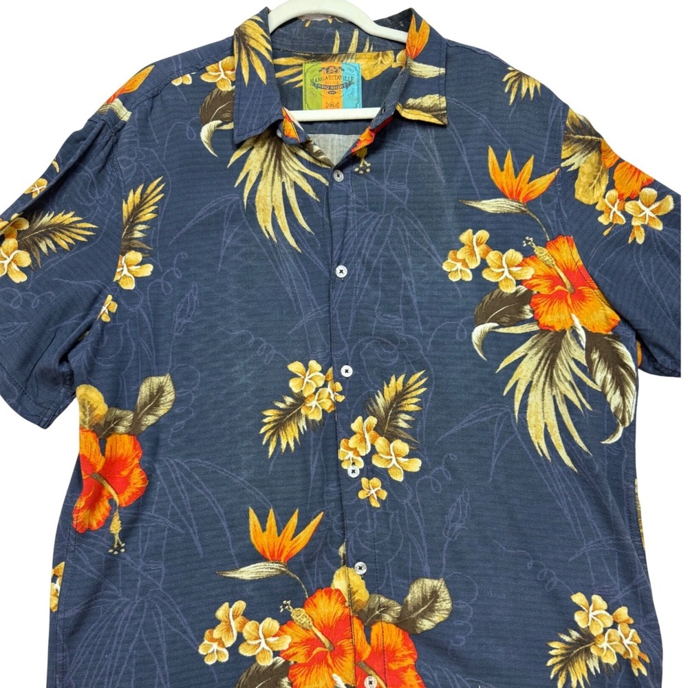 Margaritaville BBQ Shirt Mens XL Blue Excellent Tropical Hibiscus Rayon Button